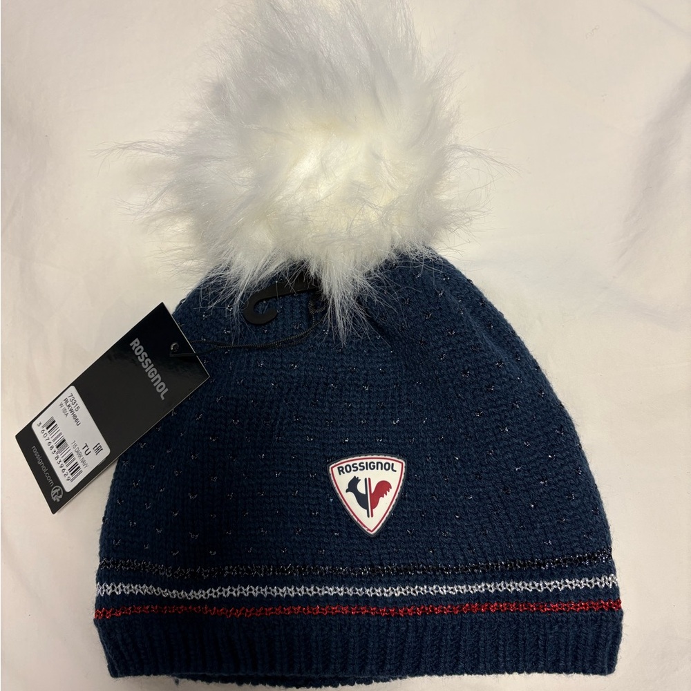 Rossignol Blue Knit Beanie with White Pom
